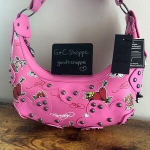 New Ed Hardy Pink Hobo Shoulder Handbag Studded Heart Rose Skull Cross Charms